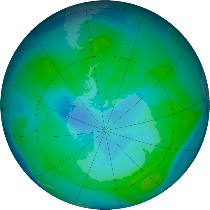 Antarctic ozone map for 09 January 2005